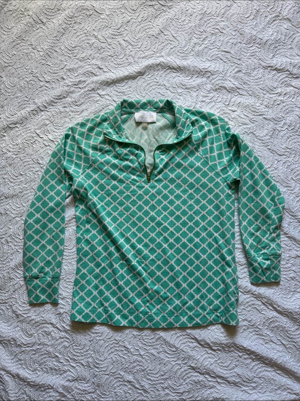 Pappagallo Mint Green White Long Sleeve Quarter-Zip Top